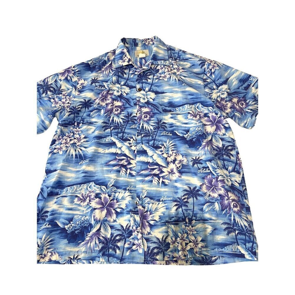 Men's Hawaiian Fashion Aloha‎ Shirt Made In Hawaii Floral & Palm Tree Print Blue